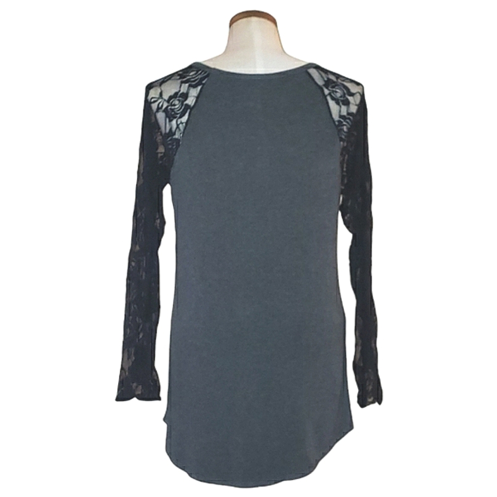 Goo Yoo Sheer Floral Black Lace Raglan Sleeves High Low Hem Gray Tunic Top M/L - Picture 5 of 16